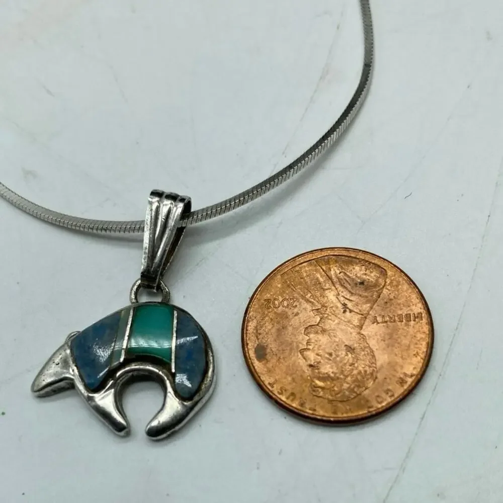 Calvin‎ Begay Native inlay Bear pendant 925 Turquoise chain Italy signed